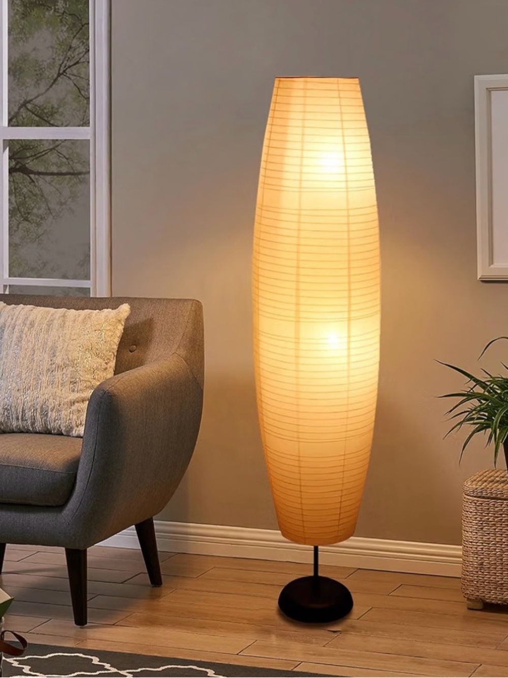 Floor Lamp with Warm Beige Paper Shade - Unbranded